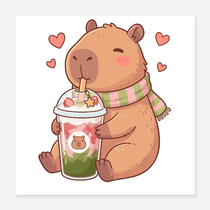 Cute Kawaii Capybara Drinking Strawberry Matcha Poster 16" x 16" (40x40 cm)