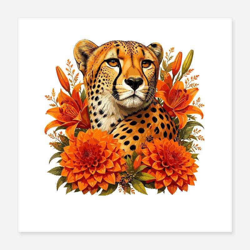 Cadre de guépard en fleurs d’automne Poster 40 x 40 cm