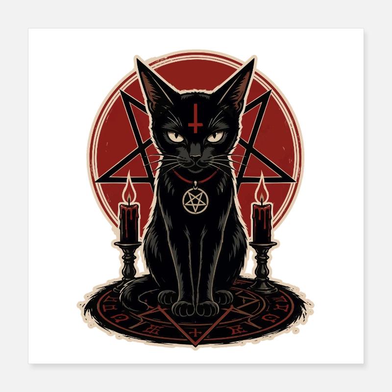 Schwarze Katze im Pentagramm Poster 40x40 cm
