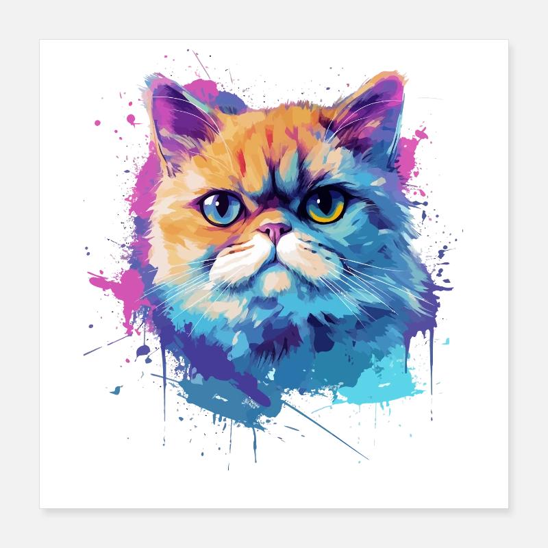 Farbenfrohe, exotische Katzengesicht-Splash-Art Poster 40x40 cm