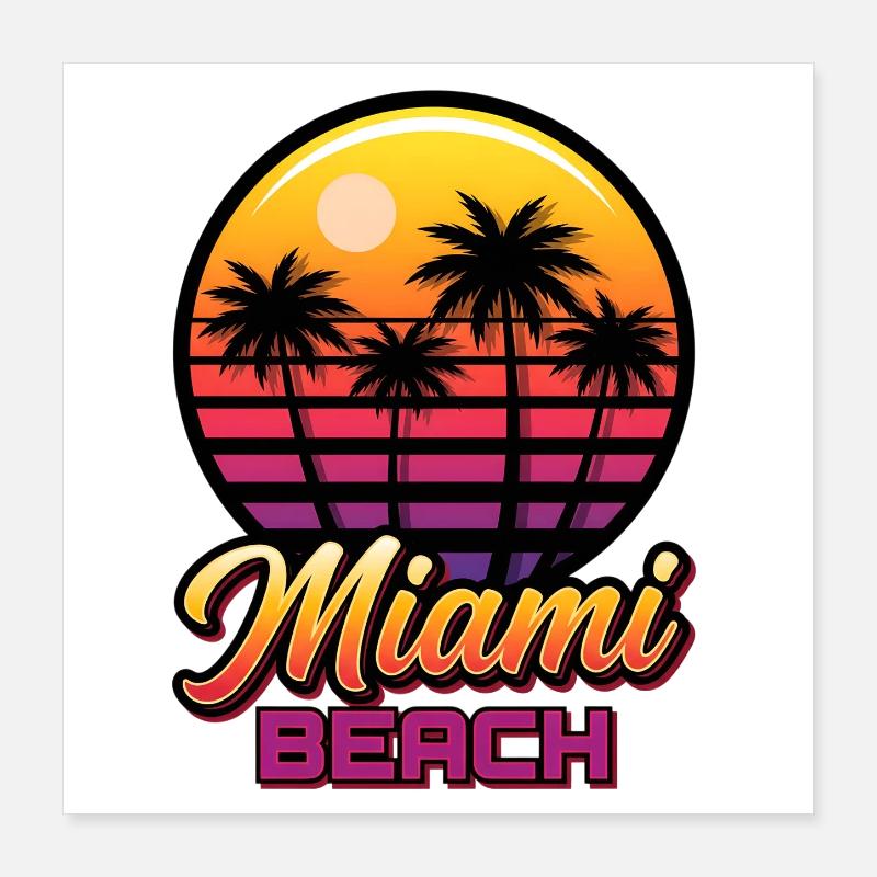 Coucher de soleil à Miami Beach avec des palmiers Poster 40 x 40 cm