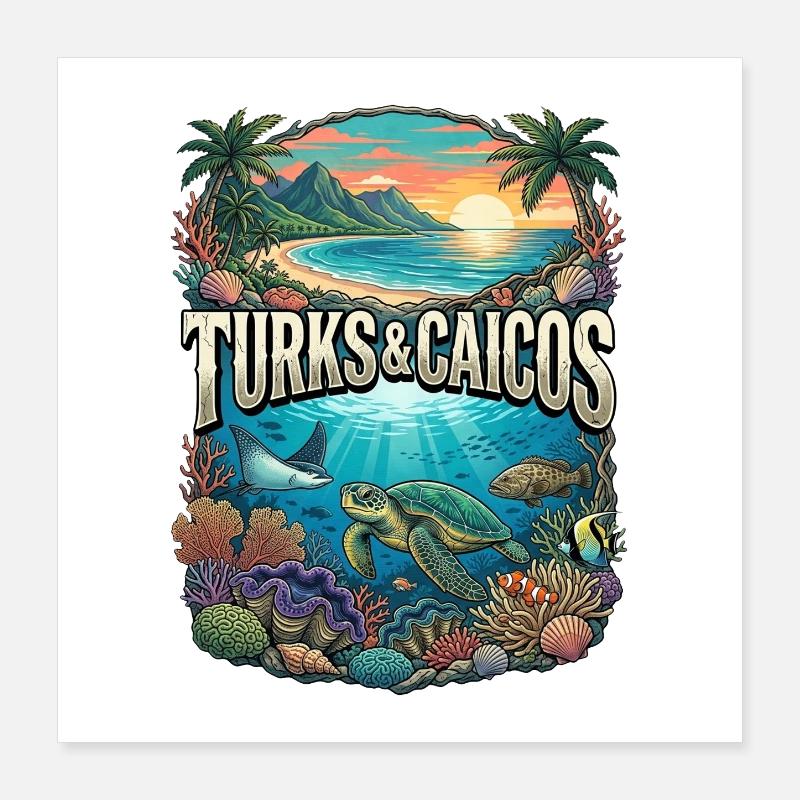 Turks & Caicos Tropical Reef & Palm Trees Poster 16" x 16" (40x40 cm)