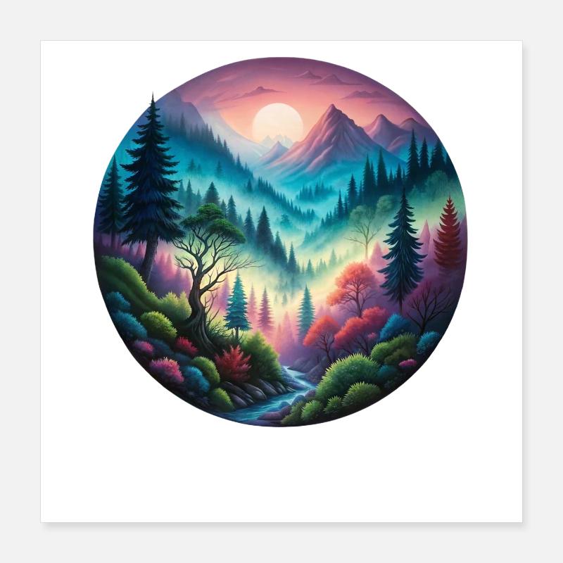 Paysage forestier coloré peint dans une lumière du soir Poster 40 x 40 cm