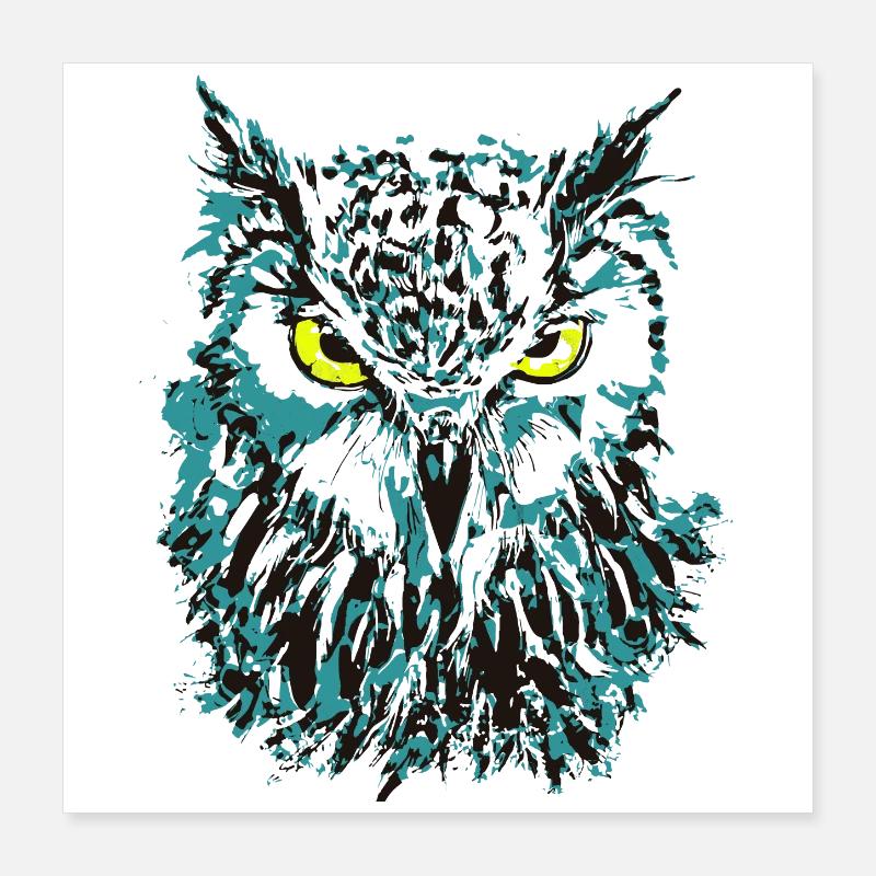 Eule Zeichnung - Blaue Eule mit leuchtenden Augen Poster 40x40 cm