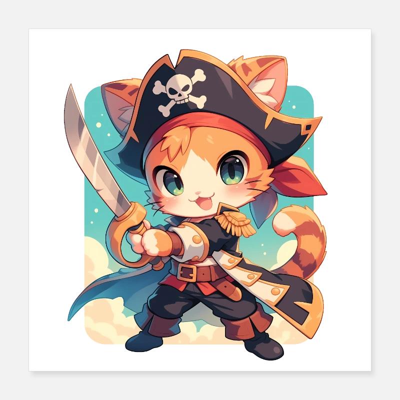 Kawaii Pirate Cat Chibi - Ahoy Adventure Poster 16" x 16" (40x40 cm)