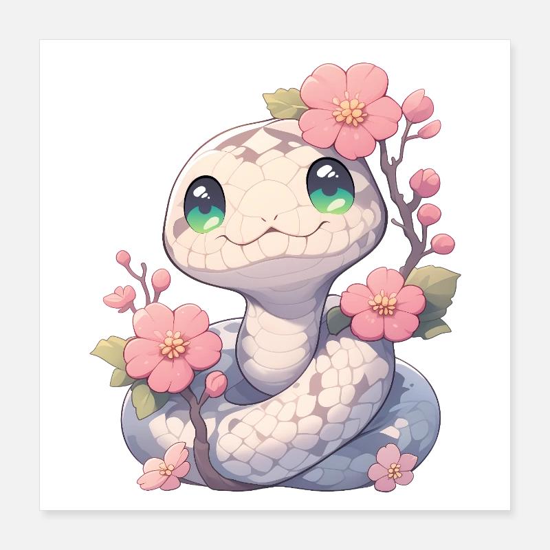 Kawaii White Snake Sakura - Année du Serpent Poster 40 x 40 cm