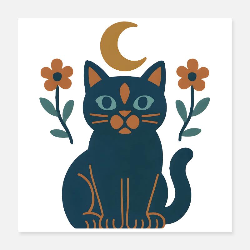 Chat de la lune aux fleurs nocturnes Poster 40 x 40 cm