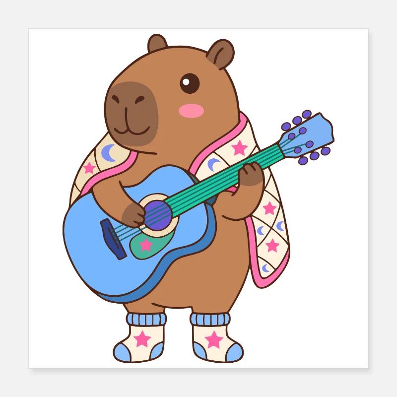 Guitar Capibara dans Star Cape - Drôle d’animal kawaii Poster 40 x 40 cm