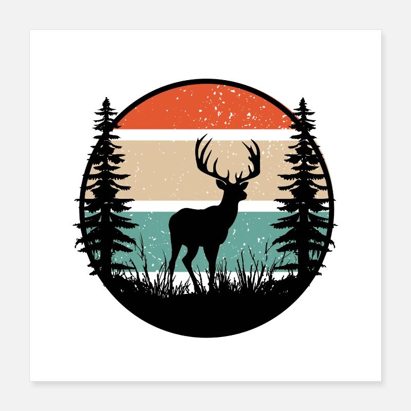 Cerf silhouette rétro en nature Poster 40 x 40 cm