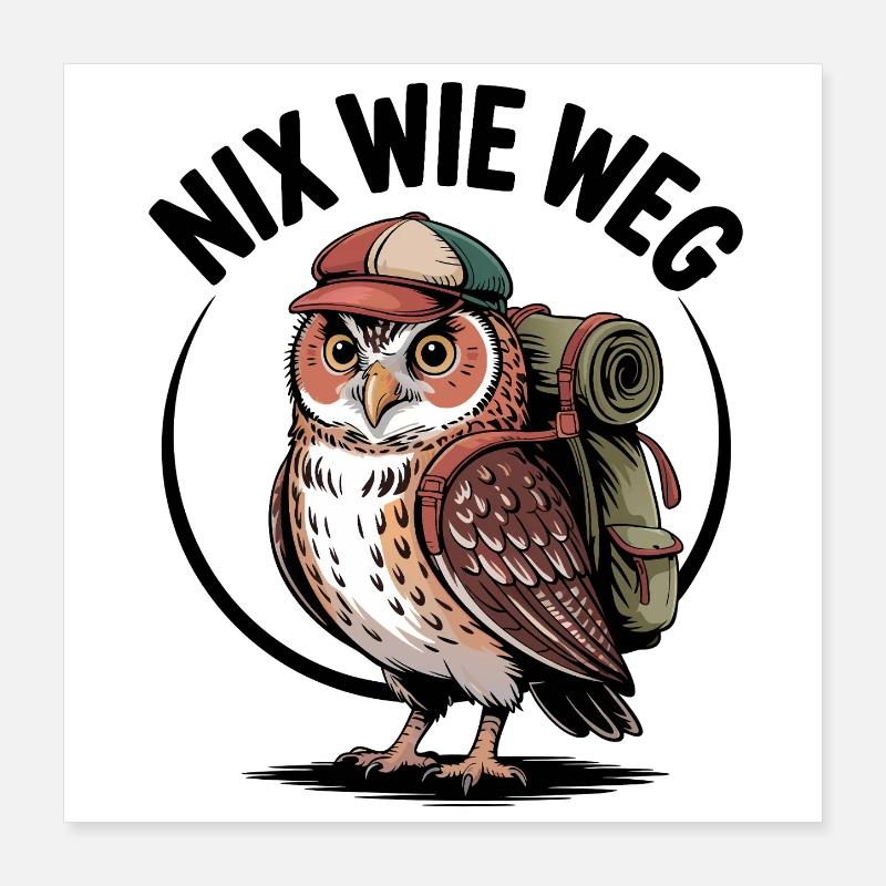 Wander-Eule mit Rucksack Poster 40x40 cm