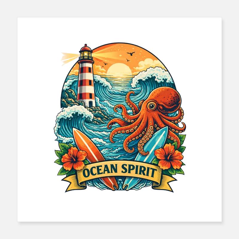 Ocean: Lighthouse, Waves and Octopus Poster 16" x 16" (40x40 cm)