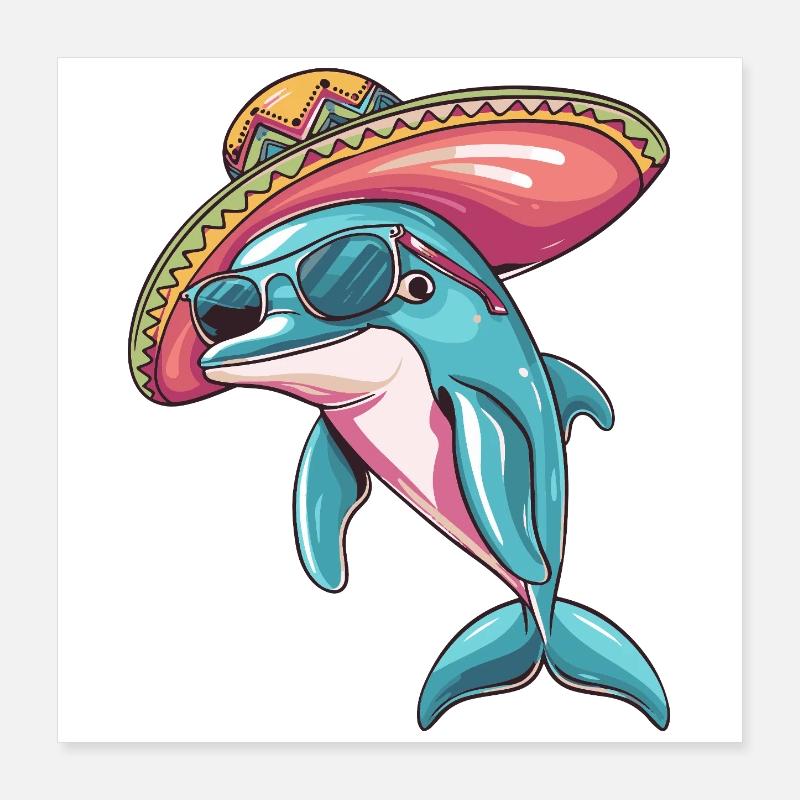 Delfin Lustig Sombrero Poster 40x40 cm