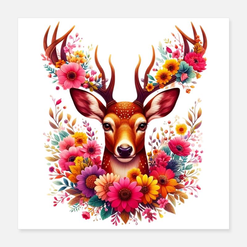 Deer decorated with flower flowers Poster 16" x 16" (40x40 cm)
