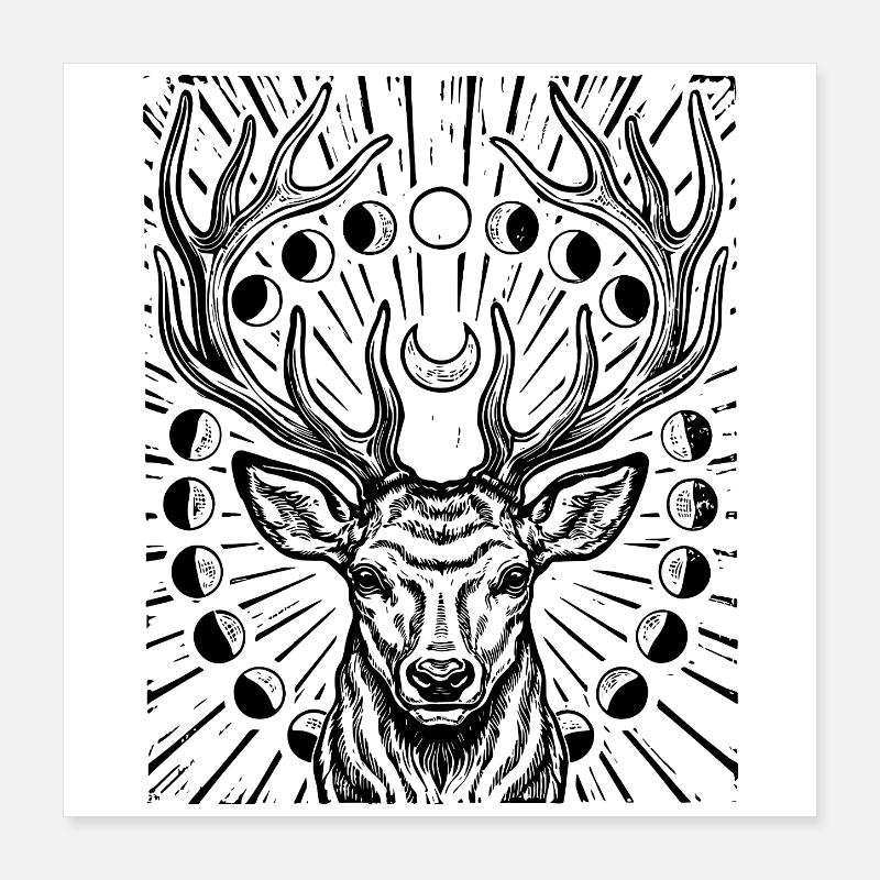 Rothirsch Mondphasen Hirsch Geweih Astronomie Poster 40x40 cm