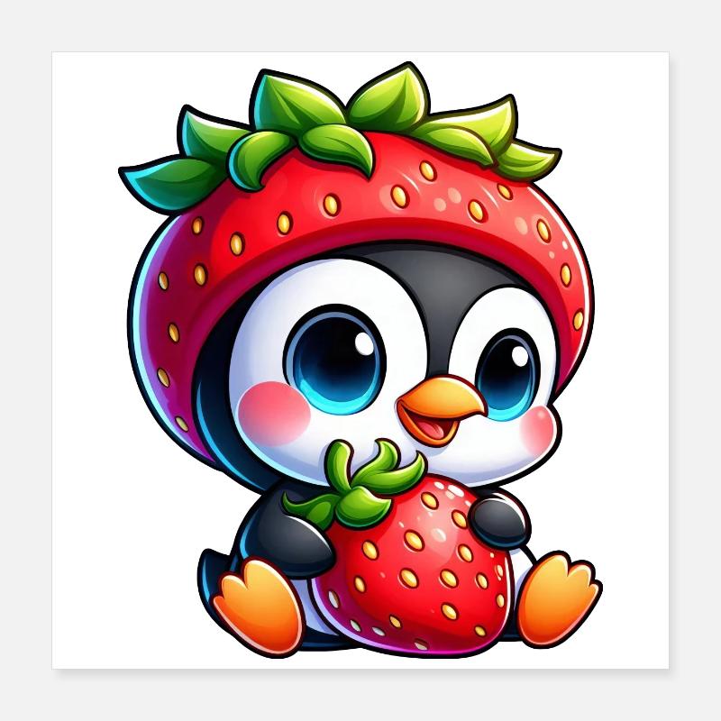 Funny Penguin Strawberry Hat Cartoon Fruit Poster 16" x 16" (40x40 cm)