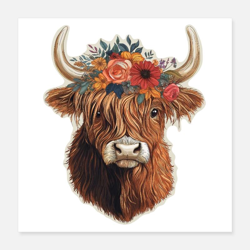 Bovins Highland avec fleurs Poster 40 x 40 cm