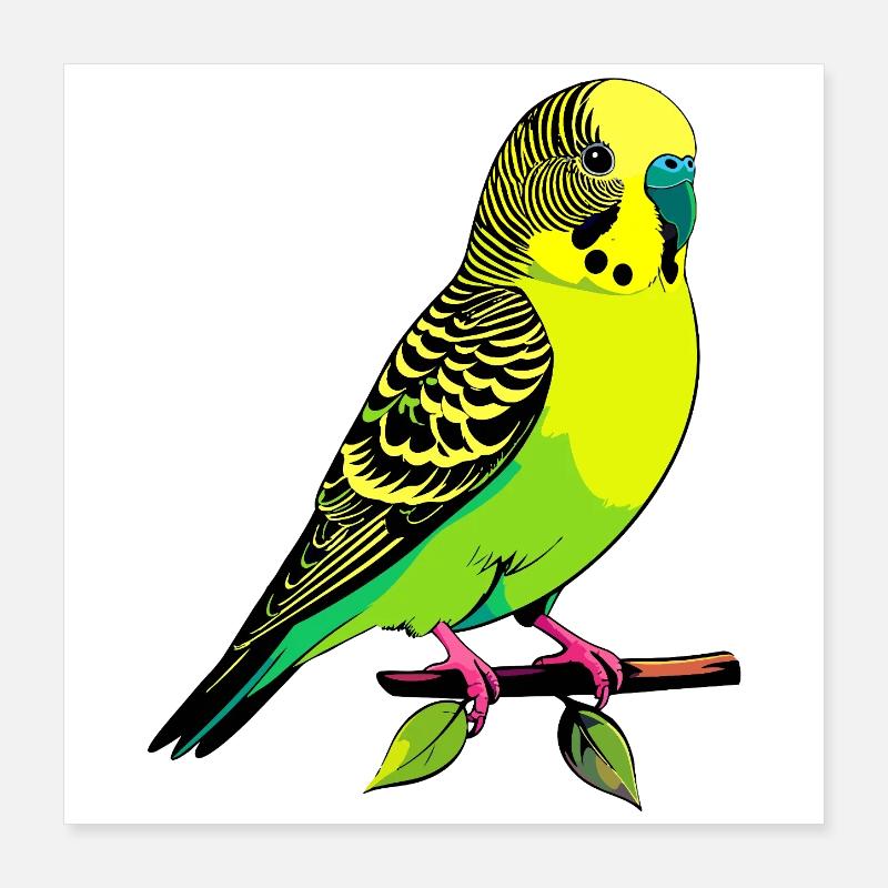 Perruche ondulée jaune-vert néon posée sur une branche Poster 40 x 40 cm