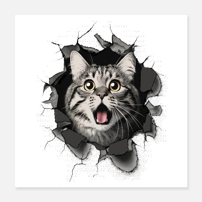 Cat Scared Wall Breakthrough Cracks Poster 16" x 16" (40x40 cm)