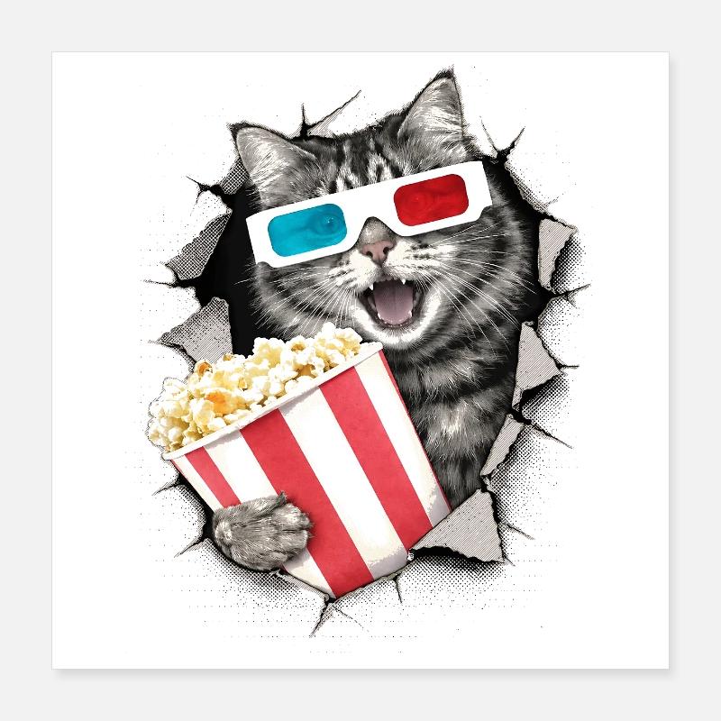 Katze mit 3D-Brille – Kino Halftone Design Poster 40x40 cm