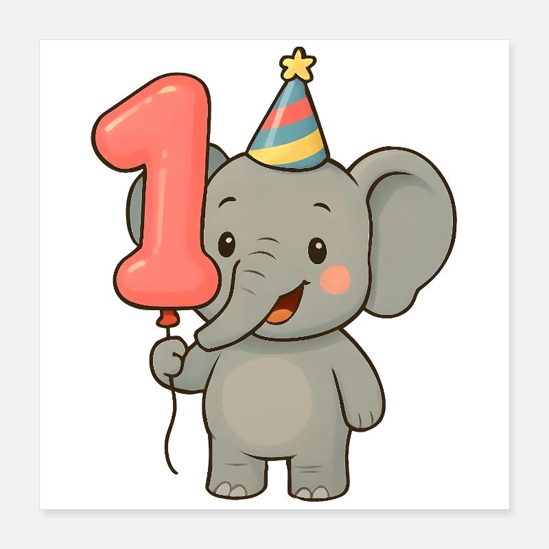 Elefant mit Luftballon zum ersten Geburtstag Poster 40x40 cm
