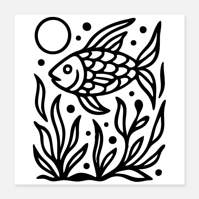 Minimal Line Art Poisson Océan Nature Design Poster 40 x 40 cm