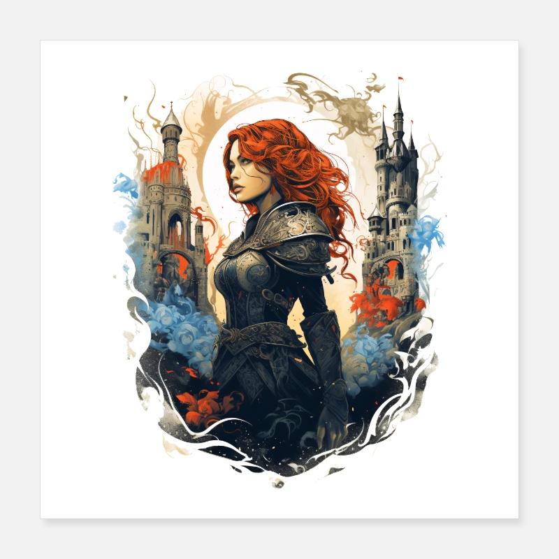 Maître d’épée aux cheveux roux devant un château Poster 40 x 40 cm