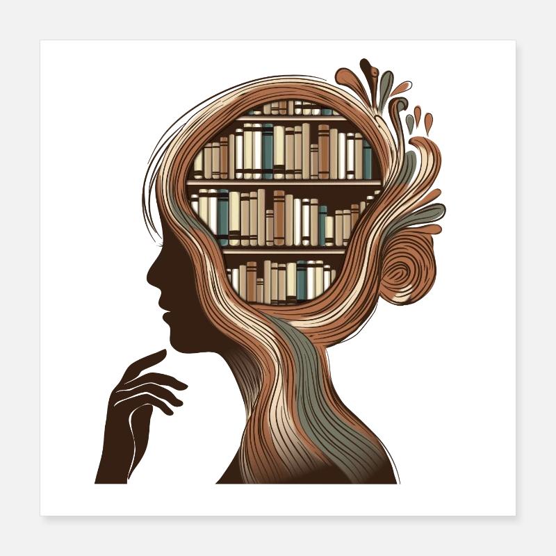 Tête de livres Illustration Pensée Connaissance Poster 40 x 40 cm