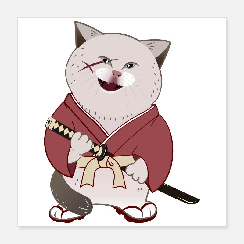 Süße mollige Samurai-Katze mit Katana Poster 40x40 cm