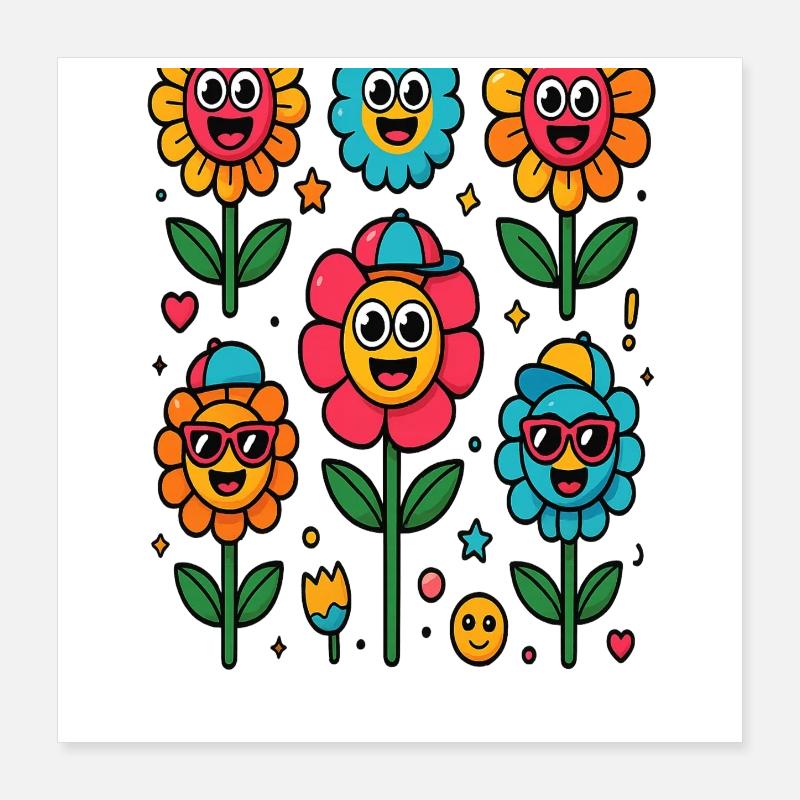 Fleurs colorées avec des visages souriants Poster 40 x 40 cm