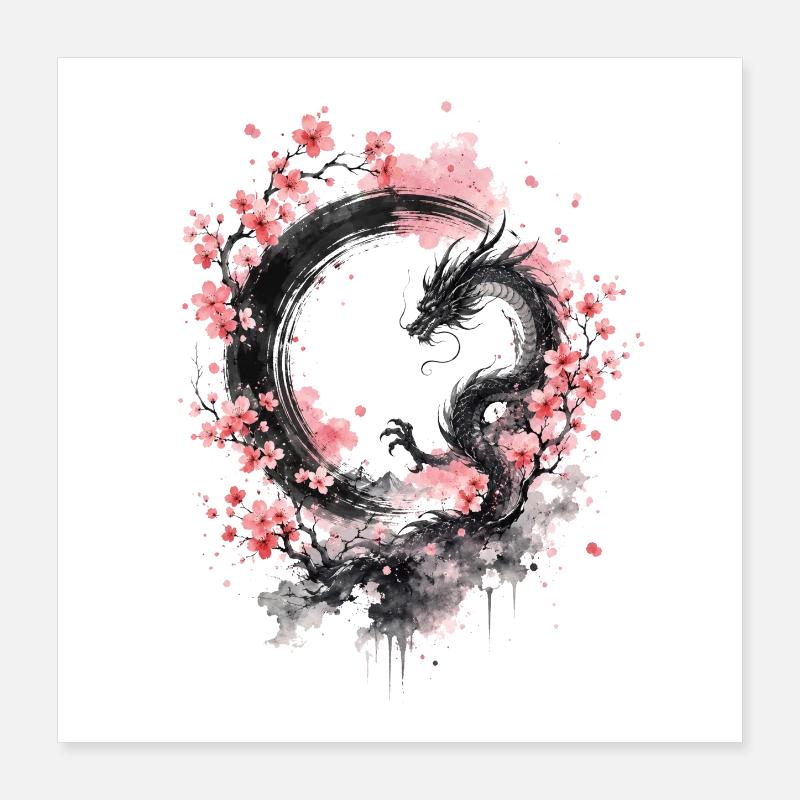 Sakura Dragon Ink Circle Poster 40x40 cm