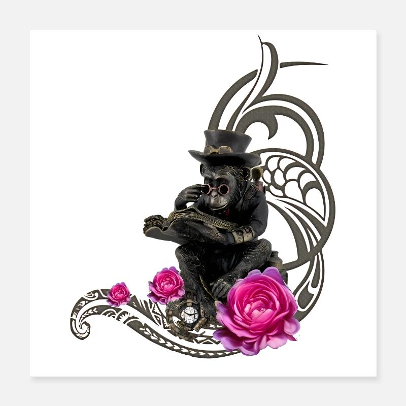 Funny steampunk monkey reads a book Poster 16" x 16" (40x40 cm)