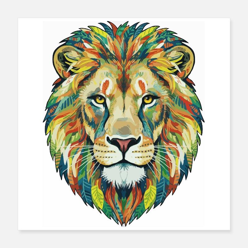 Bunter Löwenkopf mit Blattmuster Poster 40x40 cm