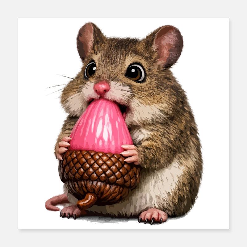 Holzmaus mit rosa Eichel Poster 40x40 cm