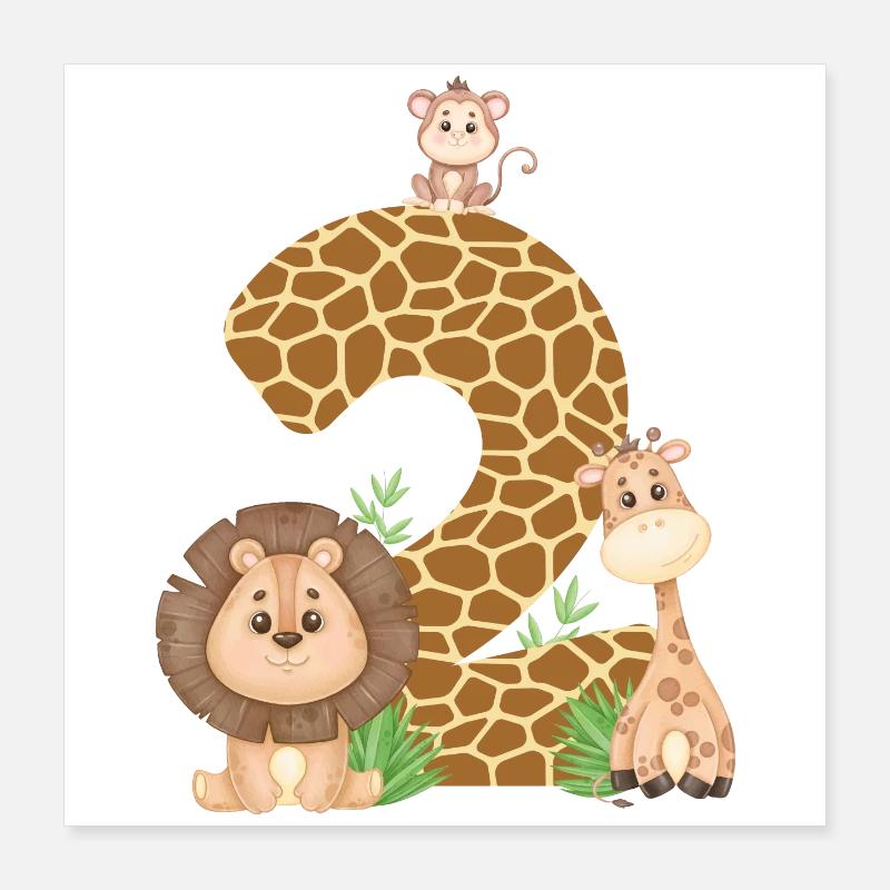 2. Geburtstag Dschungeltiere Giraffe Löwe Affe Poster 40x40 cm