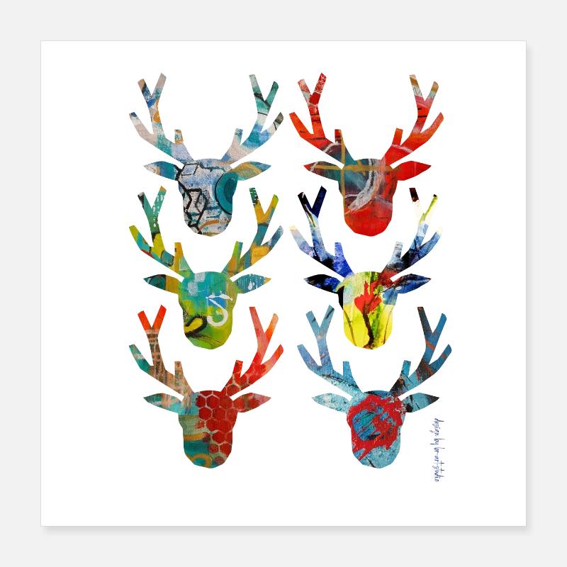 Abstract Colored Deer Heads Poster 16" x 16" (40x40 cm)