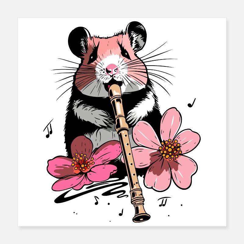 Hamster avec fleurs et flûte Poster 40 x 40 cm