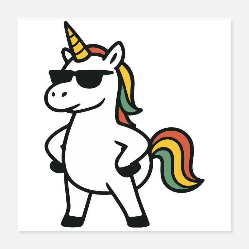 Cooles Sonnenbrillen-Einhorn mit selbstbewusster Pose-Kunst Poster 40x40 cm