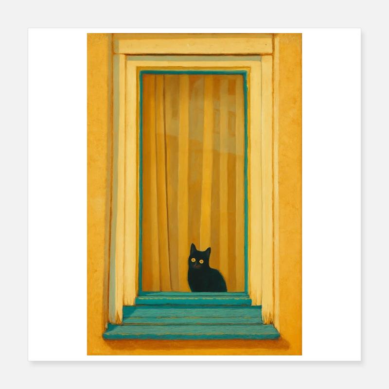 Cat in Turquoise Window Frame Poster 16" x 16" (40x40 cm)