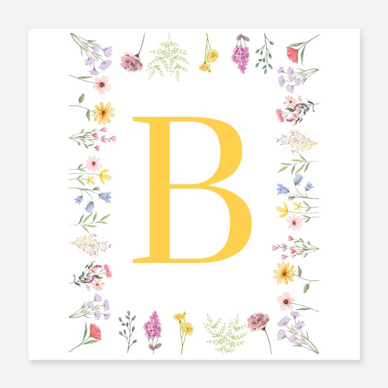 Florale Initialen "B", Buchstaben Monogramm  Poster 40x40 cm