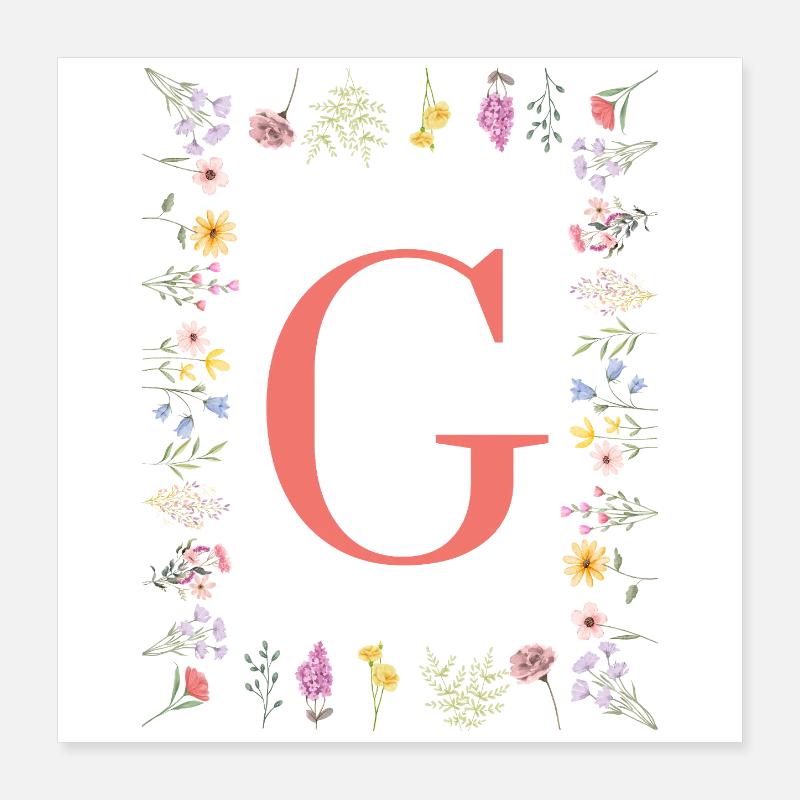 Florale Initialen "G", Buchstaben Monogramm Poster 40x40 cm