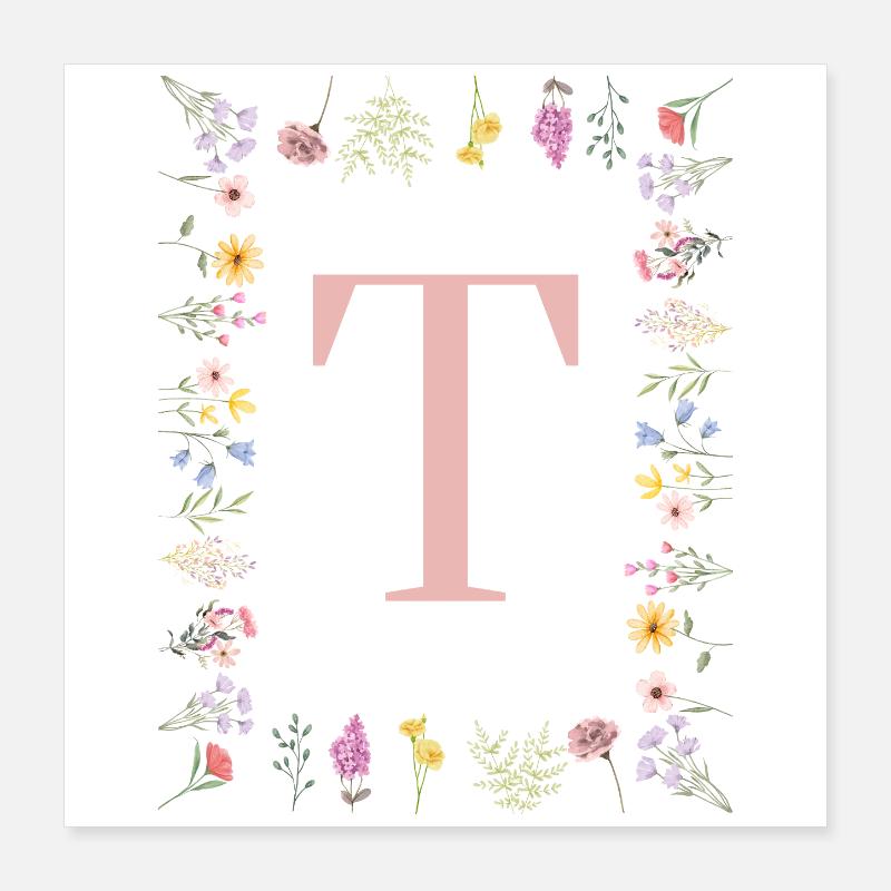 Florale Initialen "T", Buchstaben Monogramm Poster 40x40 cm