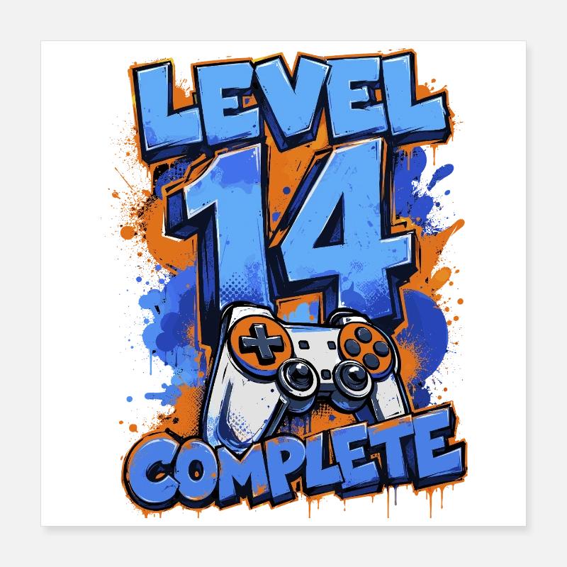 Level 14 Complete – Retro Gaming Poster 16" x 16" (40x40 cm)