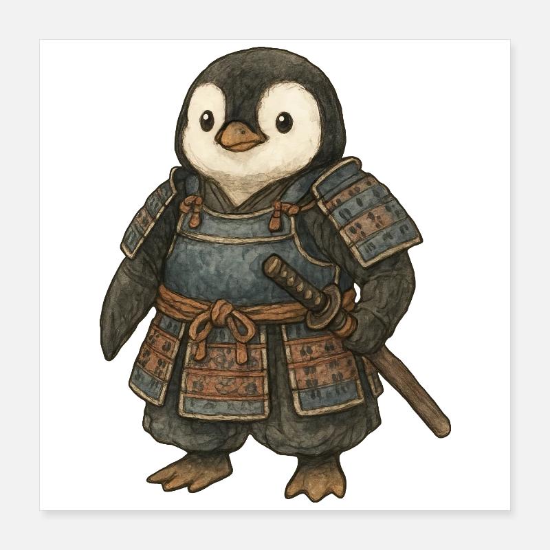Historischer Samurai Pinguin mit Katana Japan Kult Poster 40x40 cm