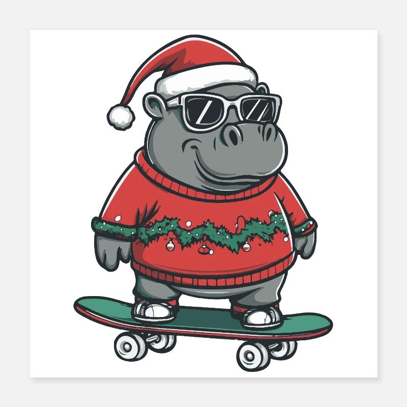 Hippopotamus Christmas Funny Poster 16" x 16" (40x40 cm)
