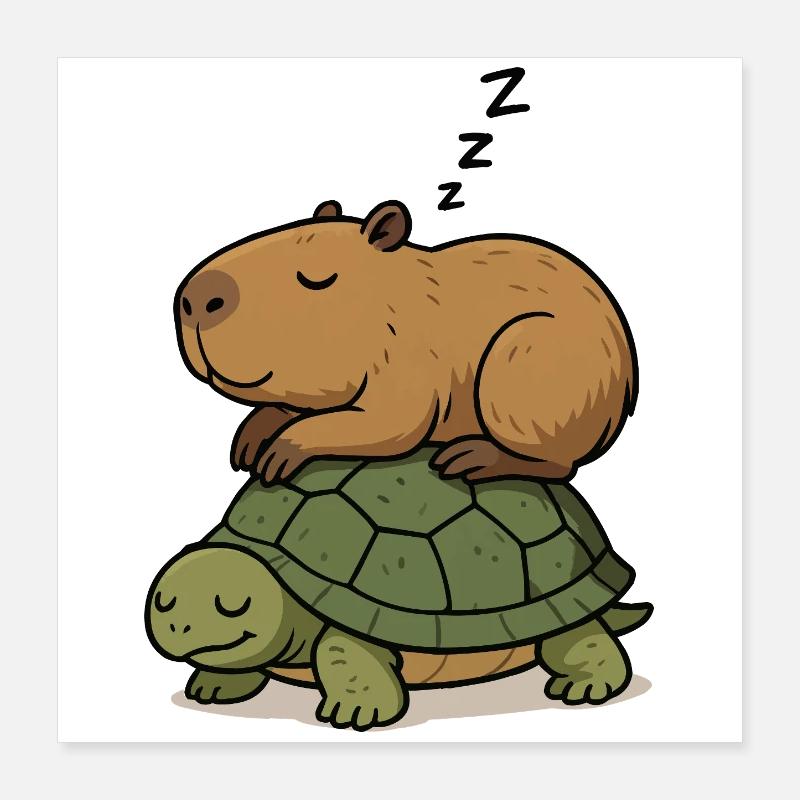 Schlummernder Capybara auf einer Schildkröte Poster 40x40 cm