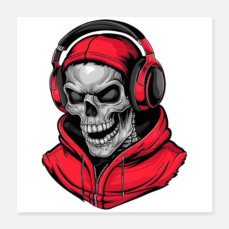 Totenkopf in Rot Kapuzenpullover mit Kopfhörern Poster 40x40 cm