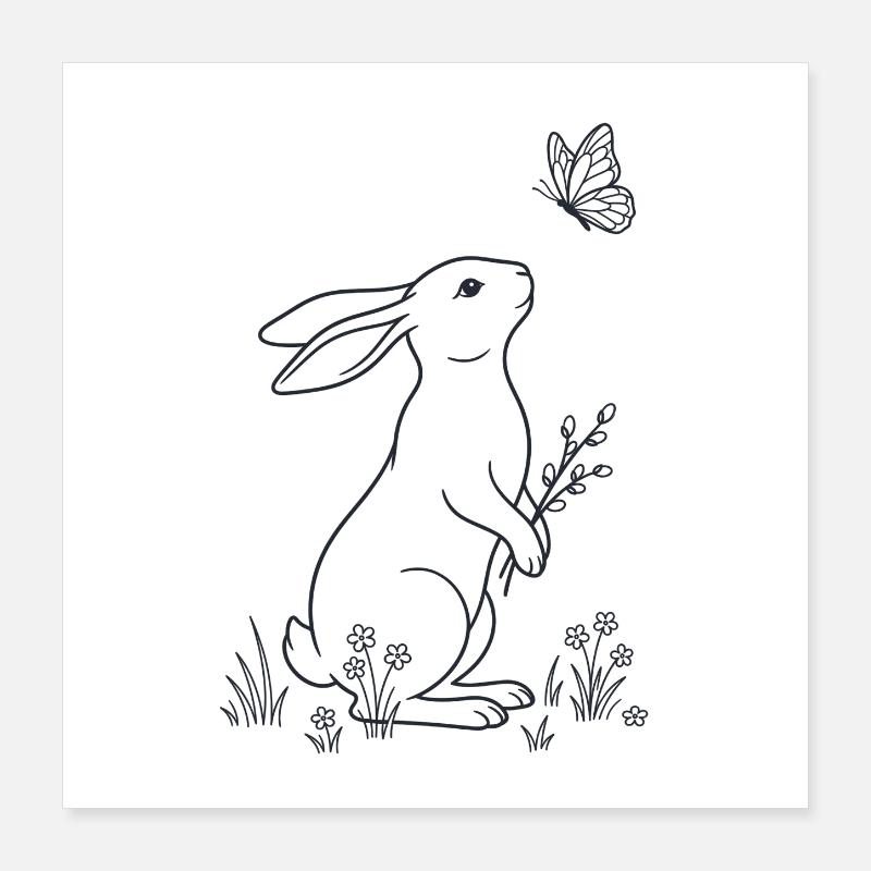 Lapin de Pâques et Papillon – LineArt Poster 40 x 40 cm