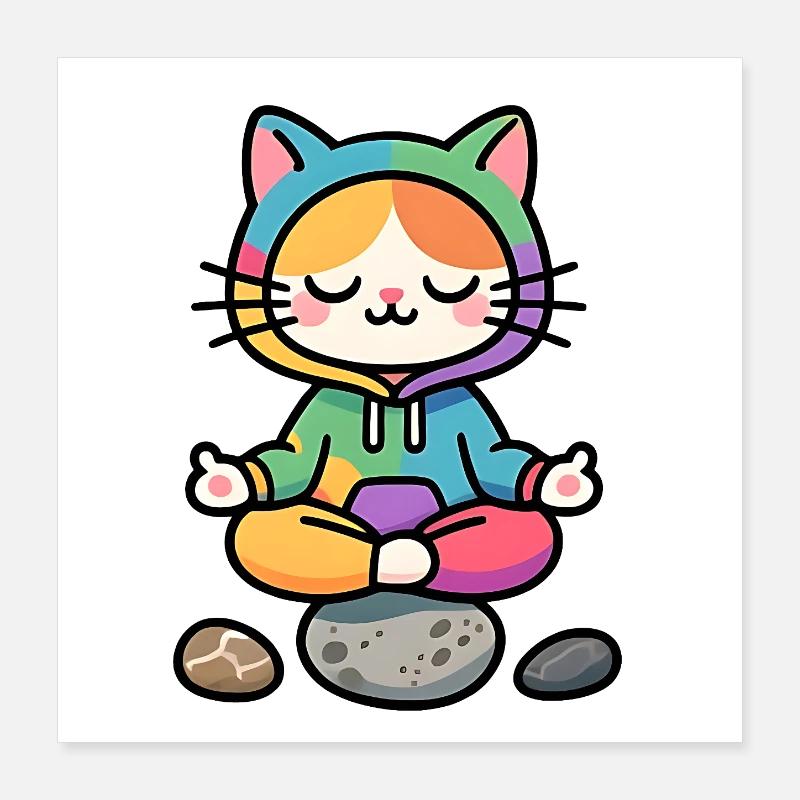 Chat Zen Arcenciel Méditatif Poster 40 x 40 cm