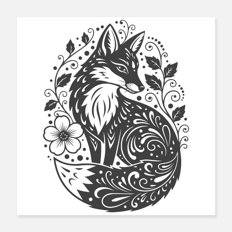Renard d’ornement avec des vrilles de fleurs Poster 40 x 40 cm