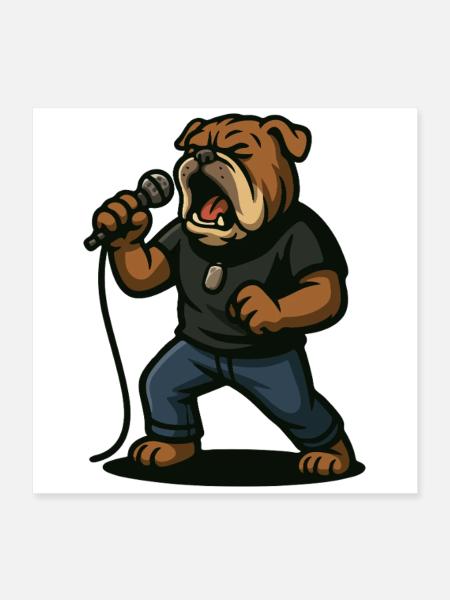 Rock Singer Bulldog with Microphone Art - Poster 16" x 16" (40x40 cm) - white - Front